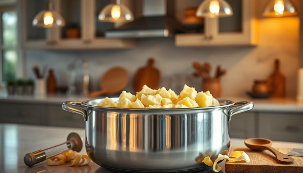A large, shiny stainless steel pot sits prominently on a clean, modern kitchen counter, reflecting warm, inviting light from overhead pendant lamps. The pot is filled with fresh, peeled potatoes, ready for mashing, surrounded by essential kitchen tools like a masher, wooden spoon, and a cutting board with remnants of potato peels. In the background, a softly blurred view of a cozy kitchen environment shows stylish cabinets and a hint of rustic decor. The scene captures a warm and welcoming atmosphere, evoking a sense of preparation and home-cooked comfort. The image should focus closely on the pot, using a shallow depth of field to create a sense of intimacy, highlighting the textures of the stainless steel and the creamy texture of the potatoes. A large, shiny stainless steel pot sits prominently on a clean, modern kitchen counter, reflecting warm, inviting light from overhead pendant lamps. The pot is filled with fresh, peeled potatoes, ready for mashing, surrounded by essential kitchen tools like a masher, wooden spoon, and a cutting board with remnants of potato peels. In the background, a softly blurred view of a cozy kitchen environment shows stylish cabinets and a hint of rustic decor. The scene captures a warm and welcoming atmosphere, evoking a sense of preparation and home-cooked comfort. The image should focus closely on the pot, using a shallow depth of field to create a sense of intimacy, highlighting the textures of the stainless steel and the creamy texture of the potatoes.