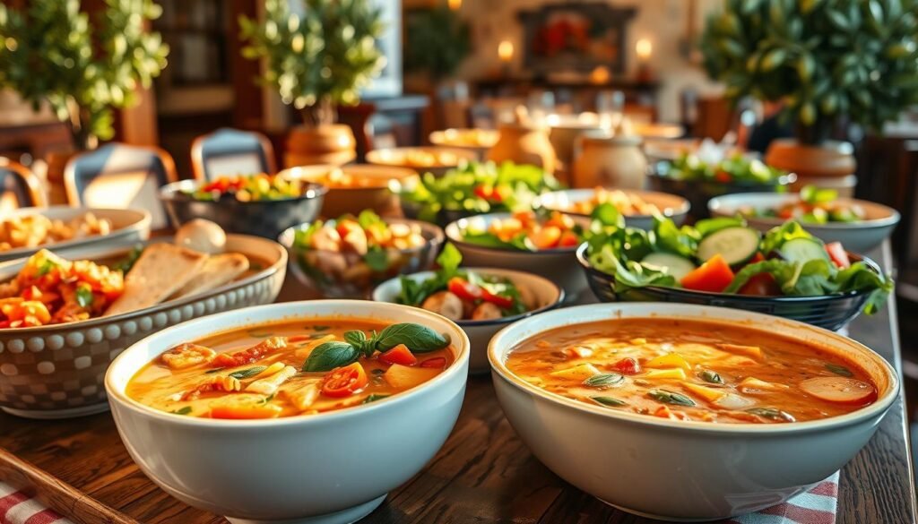 A lavish spread of never-ending soup and salad at an Olive Garden setting, featuring a large, beautifully arranged table filled with various bowls of creamy soup and vibrant salads. In the foreground, a steaming bowl of rich, hearty minestrone soup, with an array of colorful vegetables and herbs, garnished with fresh basil. Beside it, a large bowl of crisp garden salad, vibrant greens, cherry tomatoes, sliced cucumbers, and a drizzle of Italian dressing. In the middle ground, a rustic wooden table adorned with checkered tablecloths, soft golden lighting cascading over the array of dishes. In the background, softly blurred olive trees and Mediterranean-inspired decor, enhancing the authentic Italian ambiance. The atmosphere is warm and inviting, evoking a sense of abundance and comfort.