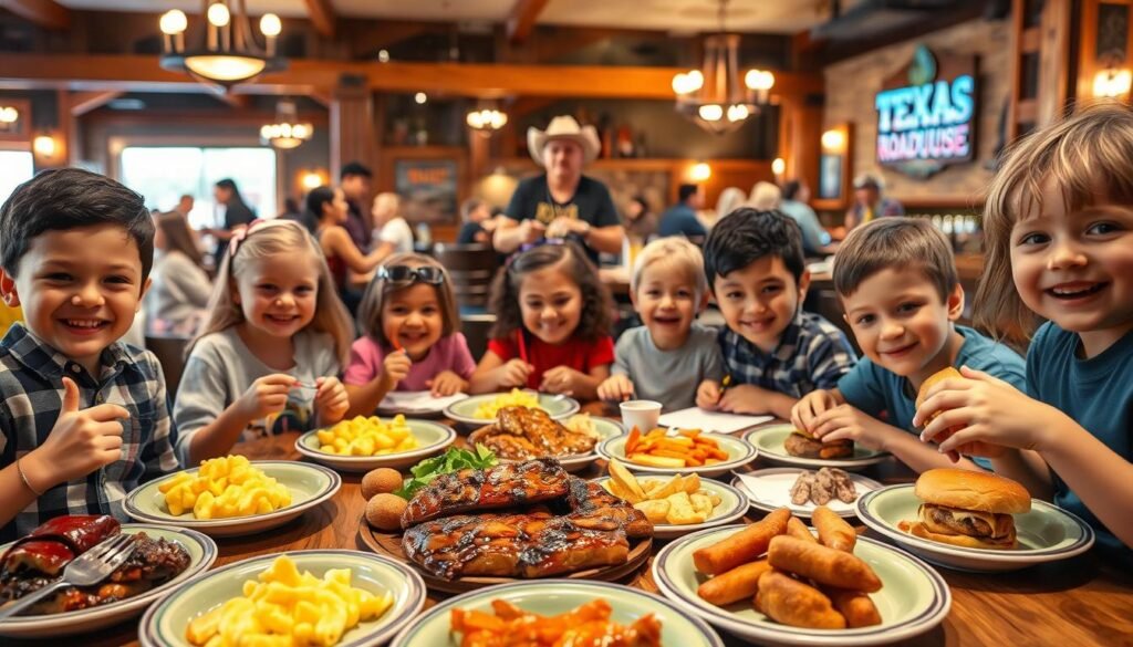 A lively Texas Roadhouse restaurant scene during Kids Night, featuring a diverse group of children joyfully enjoying their meals with smiles. In the foreground, a table filled with colorful plates of kid-friendly food, such as ribs, mac and cheese, and mini burgers. In the middle, cheerful kids, dressed in casual, comfortable clothing, engage in playful activities, like coloring and sharing stories. The background showcases the warm, rustic interior of the restaurant, with wooden beams, cowboy-themed decor, and dimmed lights for a cozy atmosphere. Bright, soft lighting enhances the inviting mood, capturing the essence of family fun. Shoot from a slightly elevated angle to encompass the entire dining experience. A lively Texas Roadhouse restaurant scene during Kids Night, featuring a diverse group of children joyfully enjoying their meals with smiles. In the foreground, a table filled with colorful plates of kid-friendly food, such as ribs, mac and cheese, and mini burgers. In the middle, cheerful kids, dressed in casual, comfortable clothing, engage in playful activities, like coloring and sharing stories. The background showcases the warm, rustic interior of the restaurant, with wooden beams, cowboy-themed decor, and dimmed lights for a cozy atmosphere. Bright, soft lighting enhances the inviting mood, capturing the essence of family fun. Shoot from a slightly elevated angle to encompass the entire dining experience.