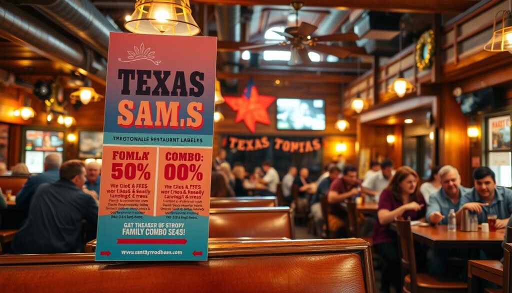 A lively Texas roadhouse restaurant setting in the foreground, showcasing a rustic wooden interior filled with inviting booths and warm lighting. In the middle, a vibrant display of seasonal promotional materials, like brightly colored banners and placeholders advertising discounts on traditional Texas fare such as ribs, steaks, and family combo meals. In the background, a cheerful group of diverse patrons in modest casual clothing enjoying their meals, exuding an atmosphere of camaraderie and joy. Soft, warm lighting enhances the inviting feel, capturing the essence of a bustling evening at the roadhouse. The angle is slightly elevated, providing a broad view of the restaurant’s lively ambiance and seasonal decorations.