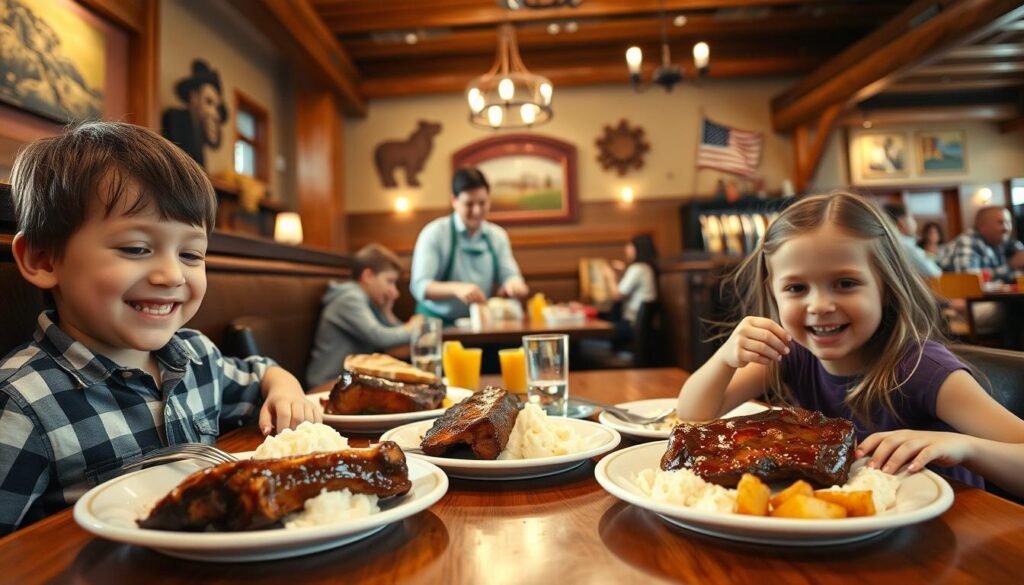 A lively family dining scene at Texas Roadhouse, showcasing a cheerful restaurant atmosphere. In the foreground, a young boy and girl, dressed in casual yet tidy clothing, excitedly eat their meals at a wooden table, with plates filled with ribs, mashed potatoes, and fresh bread. In the middle ground, a friendly server is interacting with another family, highlighting the welcoming nature of the restaurant. The background features the rustic interior decor typical of Texas Roadhouse, with wooden beams and country-inspired artwork. Soft, warm lighting enhances the inviting mood, creating an atmosphere of joy and family togetherness. The camera angle captures a cozy, intimate setting that emphasizes the enjoyment of the kids eating free. A lively family dining scene at Texas Roadhouse, showcasing a cheerful restaurant atmosphere. In the foreground, a young boy and girl, dressed in casual yet tidy clothing, excitedly eat their meals at a wooden table, with plates filled with ribs, mashed potatoes, and fresh bread. In the middle ground, a friendly server is interacting with another family, highlighting the welcoming nature of the restaurant. The background features the rustic interior decor typical of Texas Roadhouse, with wooden beams and country-inspired artwork. Soft, warm lighting enhances the inviting mood, creating an atmosphere of joy and family togetherness. The camera angle captures a cozy, intimate setting that emphasizes the enjoyment of the kids eating free.