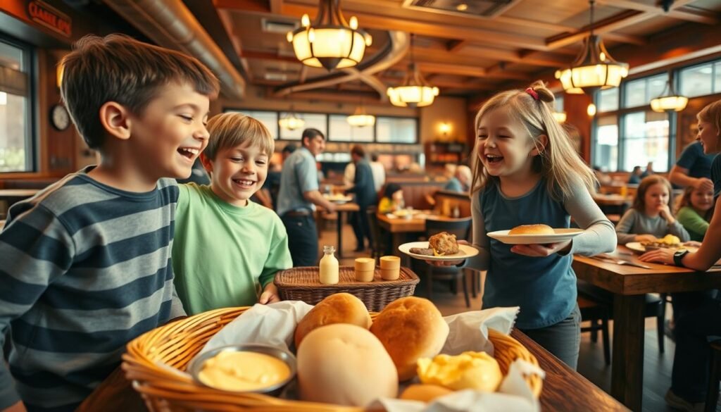 A lively scene in a Texas Roadhouse restaurant featuring children, aged 5-10, sharing a joyful "Kids Night Experience." In the foreground, two boys and a girl, dressed in casual, colorful clothing, are laughing and playfully engaging with each other, with a basket of complimentary bread rolls and creamy cinnamon butter in front of them. The middle ground showcases a welcoming, warm environment with rustic wooden tables, family-friendly decor, and a cheerful waitress delivering plates of delicious meals. In the background, soft golden hanging lights create a cozy atmosphere, while other families enjoy their dinners. The angle is a slightly elevated perspective, highlighting both the kids' excitement and the bustling restaurant vibe, enhancing the sense of a wholesome, fun dining experience focused on families. The overall mood is cheerful and inviting, emphasizing the joy of dining together.