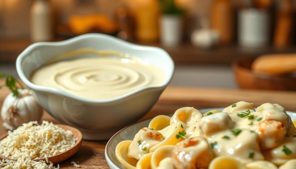 A lush, close-up view of creamy Alfredo sauce swirling in a elegant white bowl, glistening with a silky texture. The foreground showcases fresh ingredients like grated Parmesan cheese, chopped garlic, and sprigs of parsley artistically arranged nearby. The middle ground features a steaming plate of Chicken Tortellini coated in the decadent sauce, with tender chicken pieces peeking through. In the background, a softly blurred kitchen setting with warm, inviting lighting creates an atmosphere of comfort and culinary mastery. The image captures the essence of indulgence and sophistication, highlighting the rich, creamy color of the sauce and the fresh ingredients. The scene is inviting and appetizing, evoking a sense of warmth and enjoyment in cooking.