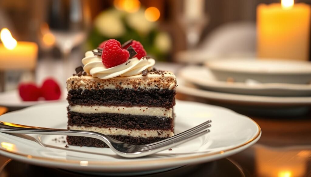A luxurious black tie mousse cake, elegantly layered with rich dark chocolate mousse and light vanilla cream, beautifully presented on a fine white porcelain plate. The cake is garnished with a delicate swirl of whipped cream, chocolate shavings, and fresh raspberries for a pop of color. In the foreground, a shiny silver fork rests beside the cake, inviting indulgence. The background features a softly blurred table setting with dim, warm candlelight that enhances the intimate, sophisticated atmosphere. Capture the scene from a slightly elevated angle, allowing for a medium depth of field that draws attention to the textures of the cake while creating a dreamy, inviting ambiance, perfect for a decadent dessert moment. A luxurious black tie mousse cake, elegantly layered with rich dark chocolate mousse and light vanilla cream, beautifully presented on a fine white porcelain plate. The cake is garnished with a delicate swirl of whipped cream, chocolate shavings, and fresh raspberries for a pop of color. In the foreground, a shiny silver fork rests beside the cake, inviting indulgence. The background features a softly blurred table setting with dim, warm candlelight that enhances the intimate, sophisticated atmosphere. Capture the scene from a slightly elevated angle, allowing for a medium depth of field that draws attention to the textures of the cake while creating a dreamy, inviting ambiance, perfect for a decadent dessert moment.