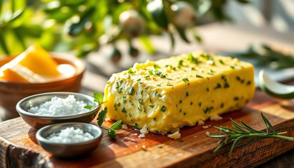 A luxurious close-up of a beautifully crafted garlic herb butter, glistening with a rich golden hue and scattered with fresh parsley and minced garlic. The butter is artistically placed on a rustic wooden cutting board, with a small dish of coarse sea salt and a sprig of rosemary nearby. The lighting is warm and inviting, creating a soft glow that accentuates the textures of the butter and the wood. In the background, slightly blurred, are hints of an olive garden scene with lush greenery and sunlight filtering through leaves, evoking a cozy, cooking atmosphere. Focus on capturing the richness and freshness of the ingredients, making the viewer feel the warmth of a delightful home-cooked meal.