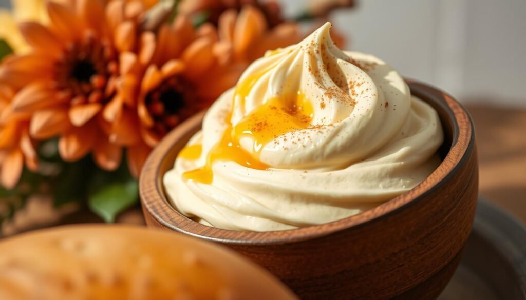 A luxurious close-up of a creamy honey cinnamon butter spread, elegantly arranged in a rustic wooden bowl. The butter has a smooth, velvety texture with glistening honey drizzled on top, lightly dusted with a sprinkle of cinnamon. In the foreground, a golden Texas Roadhouse roll is partially visible, its fluffy surface invitingly warm and bread-y. Soft, natural lighting illuminates the scene from the left, creating gentle highlights and shadows that enhance the rich colors of the butter and bread. In the background, a blurred out floral arrangement of warm-toned flowers adds a decorative touch, creating a warm, inviting atmosphere. The overall mood is cozy and indulgent, perfect for a heartfelt gift presentation. A luxurious close-up of a creamy honey cinnamon butter spread, elegantly arranged in a rustic wooden bowl. The butter has a smooth, velvety texture with glistening honey drizzled on top, lightly dusted with a sprinkle of cinnamon. In the foreground, a golden Texas Roadhouse roll is partially visible, its fluffy surface invitingly warm and bread-y. Soft, natural lighting illuminates the scene from the left, creating gentle highlights and shadows that enhance the rich colors of the butter and bread. In the background, a blurred out floral arrangement of warm-toned flowers adds a decorative touch, creating a warm, inviting atmosphere. The overall mood is cozy and indulgent, perfect for a heartfelt gift presentation.
