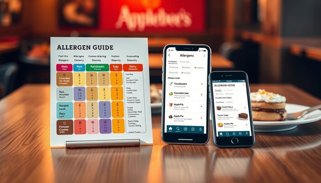 A modern allergen guide displayed prominently on a sleek wooden table, designed to look inviting and informative. In the foreground, a colorful chart outlines common allergens such as nuts, dairy, gluten, and soy, using vivid icons and clear categories. The middle ground features a stylish smartphone with a dedicated app open to the allergen guide, highlighting options from a dessert menu like chocolate lava cake and apple pie. In the background, soft, warm lighting creates a cozy ambiance reminiscent of an Applebee's restaurant. A blurred image of a dessert plate is subtly included, enhancing the theme without distracting from the main focus. The overall mood is friendly and helpful, catering to those managing dietary needs. A modern allergen guide displayed prominently on a sleek wooden table, designed to look inviting and informative. In the foreground, a colorful chart outlines common allergens such as nuts, dairy, gluten, and soy, using vivid icons and clear categories. The middle ground features a stylish smartphone with a dedicated app open to the allergen guide, highlighting options from a dessert menu like chocolate lava cake and apple pie. In the background, soft, warm lighting creates a cozy ambiance reminiscent of an Applebee's restaurant. A blurred image of a dessert plate is subtly included, enhancing the theme without distracting from the main focus. The overall mood is friendly and helpful, catering to those managing dietary needs.