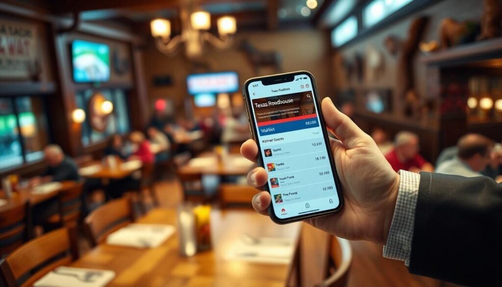 A modern digital waitlist interface for a Texas Roadhouse restaurant, displayed on a smartphone held by a person in business casual attire. In the foreground, focus on the smartphone screen showcasing the vibrant and user-friendly waitlist app design, featuring a list of waiting guests and estimated wait times. The middle ground includes a blurred view of the Texas Roadhouse inside, revealing rustic wooden tables and a lively atmosphere filled with customers enjoying their meals. In the background, a warm ambient lighting creates a welcoming environment, with cowboy-themed decorations on the walls. Capture the scene from a slight overhead angle to emphasize the connection between the digital experience and the bustling restaurant atmosphere. Aim for a warm and inviting mood, highlighting the efficiency of modern dining solutions. A modern digital waitlist interface for a Texas Roadhouse restaurant, displayed on a smartphone held by a person in business casual attire. In the foreground, focus on the smartphone screen showcasing the vibrant and user-friendly waitlist app design, featuring a list of waiting guests and estimated wait times. The middle ground includes a blurred view of the Texas Roadhouse inside, revealing rustic wooden tables and a lively atmosphere filled with customers enjoying their meals. In the background, a warm ambient lighting creates a welcoming environment, with cowboy-themed decorations on the walls. Capture the scene from a slight overhead angle to emphasize the connection between the digital experience and the bustling restaurant atmosphere. Aim for a warm and inviting mood, highlighting the efficiency of modern dining solutions.