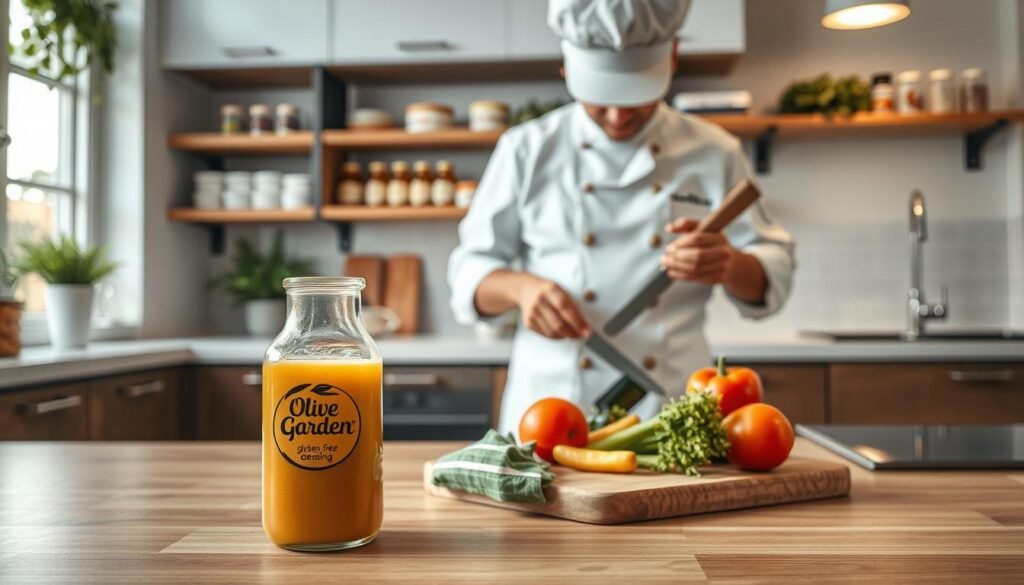 A modern kitchen scene emphasizing the concept of cross contamination in food preparation. In the foreground, a safe and hygienic kitchen workspace features a glass container of olive garden dressing, surrounded by raw vegetables on a wooden cutting board, highlighting the need for careful handling. In the middle, a chef wearing a crisp white apron and a professional hat is shown using separate utensils for different food items, showcasing the importance of avoiding cross contamination. The background displays neatly organized shelves, stocked with gluten-free products, and a clean sink area. Soft, natural lighting illuminates the scene, creating a warm and inviting atmosphere, while the camera angle is slightly elevated to capture both the chef's actions and the kitchen environment effectively. A modern kitchen scene emphasizing the concept of cross contamination in food preparation. In the foreground, a safe and hygienic kitchen workspace features a glass container of olive garden dressing, surrounded by raw vegetables on a wooden cutting board, highlighting the need for careful handling. In the middle, a chef wearing a crisp white apron and a professional hat is shown using separate utensils for different food items, showcasing the importance of avoiding cross contamination. The background displays neatly organized shelves, stocked with gluten-free products, and a clean sink area. Soft, natural lighting illuminates the scene, creating a warm and inviting atmosphere, while the camera angle is slightly elevated to capture both the chef's actions and the kitchen environment effectively.