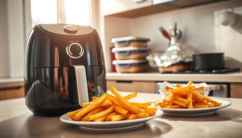 A modern kitchen scene featuring a stylish air fryer prominently placed in the foreground, with shiny metallic accents and a digital control panel illuminated. A plate of perfectly cooked steak fries sits beside the air fryer, crispy and golden-brown, showcasing their texture. In the middle background, utensils for storage, such as airtight containers and aluminum foil, are neatly arranged on a countertop, emphasizing the theme of reheating and storage best practices. Soft, warm lighting casts a inviting ambiance, with natural light streaming in from a nearby window to enhance the cozy kitchen atmosphere. The angle is slightly tilted down from above, focusing on the air fryer and the fries while providing context of a well-organized kitchen space, inviting readers to enjoy the practical tips being shared. A modern kitchen scene featuring a stylish air fryer prominently placed in the foreground, with shiny metallic accents and a digital control panel illuminated. A plate of perfectly cooked steak fries sits beside the air fryer, crispy and golden-brown, showcasing their texture. In the middle background, utensils for storage, such as airtight containers and aluminum foil, are neatly arranged on a countertop, emphasizing the theme of reheating and storage best practices. Soft, warm lighting casts a inviting ambiance, with natural light streaming in from a nearby window to enhance the cozy kitchen atmosphere. The angle is slightly tilted down from above, focusing on the air fryer and the fries while providing context of a well-organized kitchen space, inviting readers to enjoy the practical tips being shared.