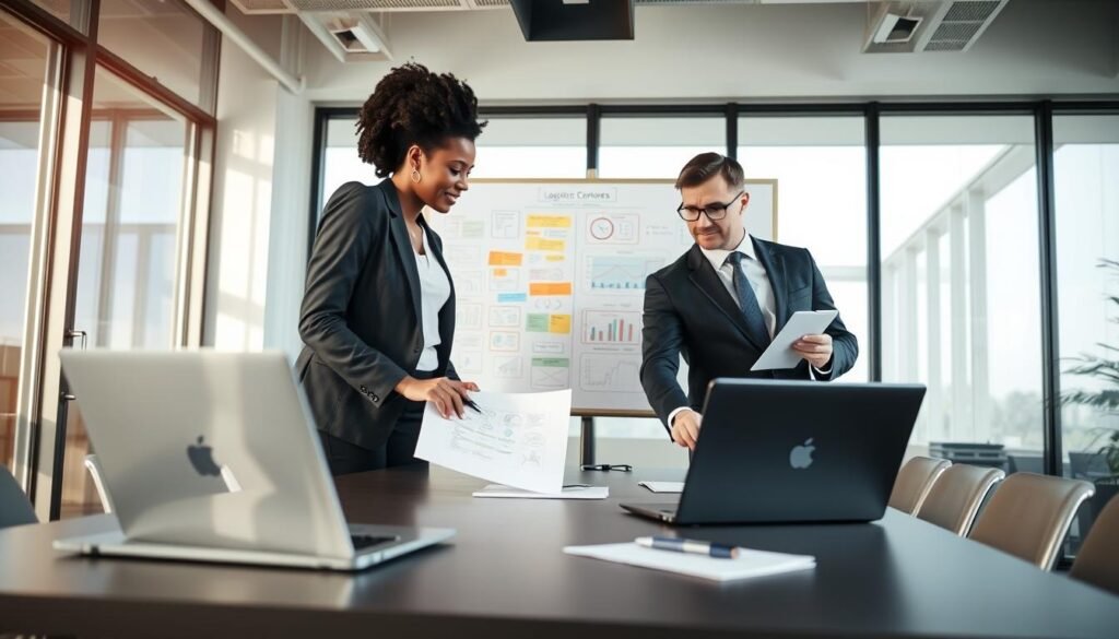 A modern office space focused on logistics and professional presentation. In the foreground, a neatly arranged conference table with a laptop, a notepad, and a sleek pen. A diverse group of two professionals, a Black woman and a Caucasian man, dressed in sharp business attire, discussing logistics over charts and documents. In the middle, a large whiteboard filled with color-coded notes and diagrams reflecting strategic planning. The background shows a bright office environment with large windows allowing natural light to flood the room, casting soft shadows. The mood is professional and collaborative, with a sense of focus and determination. The camera angle is slightly elevated, showcasing the teamwork and engagement.