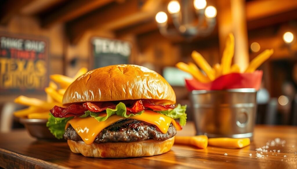 A mouth-watering smokehouse burger is presented in the foreground, draped with sizzling melted cheese, crispy bacon, and fresh lettuce, all encapsulated in a golden-brown brioche bun. Juicy, perfectly grilled beef patty emerges from the bun, showcasing a hint of grill marks, and is topped with shadowy caramelized onions. In the middle ground, a rustic wooden table holds a side of golden French fries sprinkled with sea salt, their texture inviting and crunchy. The background features a blurred, warm-toned interior typical of a Texas diner, with wooden beams and soft ambient lighting creating a cozy atmosphere. The image is shot at a slight angle with a shallow depth of field to emphasize the burger and fries, evoking a sense of comfort and indulgence. A mouth-watering smokehouse burger is presented in the foreground, draped with sizzling melted cheese, crispy bacon, and fresh lettuce, all encapsulated in a golden-brown brioche bun. Juicy, perfectly grilled beef patty emerges from the bun, showcasing a hint of grill marks, and is topped with shadowy caramelized onions. In the middle ground, a rustic wooden table holds a side of golden French fries sprinkled with sea salt, their texture inviting and crunchy. The background features a blurred, warm-toned interior typical of a Texas diner, with wooden beams and soft ambient lighting creating a cozy atmosphere. The image is shot at a slight angle with a shallow depth of field to emphasize the burger and fries, evoking a sense of comfort and indulgence.