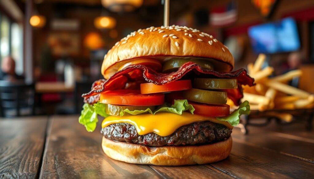 A mouthwatering bacon cheeseburger prominently displayed in the foreground, showcasing layers of perfectly cooked beef patty, crispy bacon, melted cheddar cheese, fresh lettuce, ripe tomato slices, and pickles, all nestled between a lightly toasted sesame seed bun. The middle ground features a rustic wooden table with a glimpse of a vibrant Texas Roadhouse setting in the background, hinting at a warm, inviting atmosphere. Soft, natural lighting enhances the rich colors and textures of the burger, casting gentle shadows that highlight its deliciousness. The angle is a slightly elevated perspective, capturing the burger's height and depth, evoking a feeling of indulgence and satisfaction, making it clear why this bacon cheeseburger stands out. A mouthwatering bacon cheeseburger prominently displayed in the foreground, showcasing layers of perfectly cooked beef patty, crispy bacon, melted cheddar cheese, fresh lettuce, ripe tomato slices, and pickles, all nestled between a lightly toasted sesame seed bun. The middle ground features a rustic wooden table with a glimpse of a vibrant Texas Roadhouse setting in the background, hinting at a warm, inviting atmosphere. Soft, natural lighting enhances the rich colors and textures of the burger, casting gentle shadows that highlight its deliciousness. The angle is a slightly elevated perspective, capturing the burger's height and depth, evoking a feeling of indulgence and satisfaction, making it clear why this bacon cheeseburger stands out.
