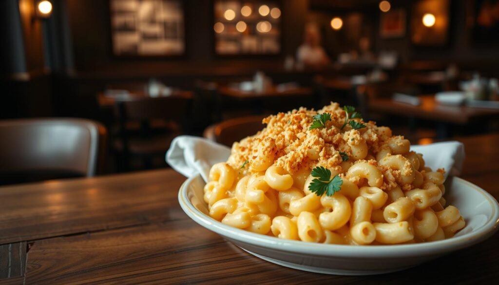 A mouthwatering plate of scratch-made macaroni and cheese, featuring creamy cheddar and perfectly cooked pasta, is placed at the forefront. The dish is generously topped with a crispy golden breadcrumb crust, garnished with fresh parsley for a pop of color. In the middle ground, a rustic wooden table enhances the comforting and homey feel, with a soft white linen napkin casually draped beside the dish. The background features a cozy, dimly lit restaurant atmosphere with warm lighting, exuding a welcoming vibe. The camera angle is slightly above the dish, showcasing its luscious texture while capturing the inviting ambiance of the setting. Overall, the mood is warm and inviting, perfect for a comforting classic meal.