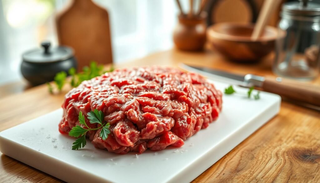 A neatly arranged, fresh portion of ground beef on a white chopping board. The ground beef is a rich, vivid red, with specks of marbling visible, emphasizing its high fat content and freshness. Surrounding the beef, there are a few sprigs of parsley and a scattering of coarse sea salt to highlight its texture. In the background, softly blurred kitchen utensils and a wooden table evoke a warm, inviting atmosphere. The lighting is warm and natural, simulating sunlight coming through a window, casting gentle shadows that enhance the depth of the scene. The focus should be sharp on the ground beef, conveying quality and flavor, while the background remains subtly out of focus to keep the viewer's attention on the meat. The mood is homey and appetizing, ideal for showcasing the importance of selecting the best ground beef for flavor.