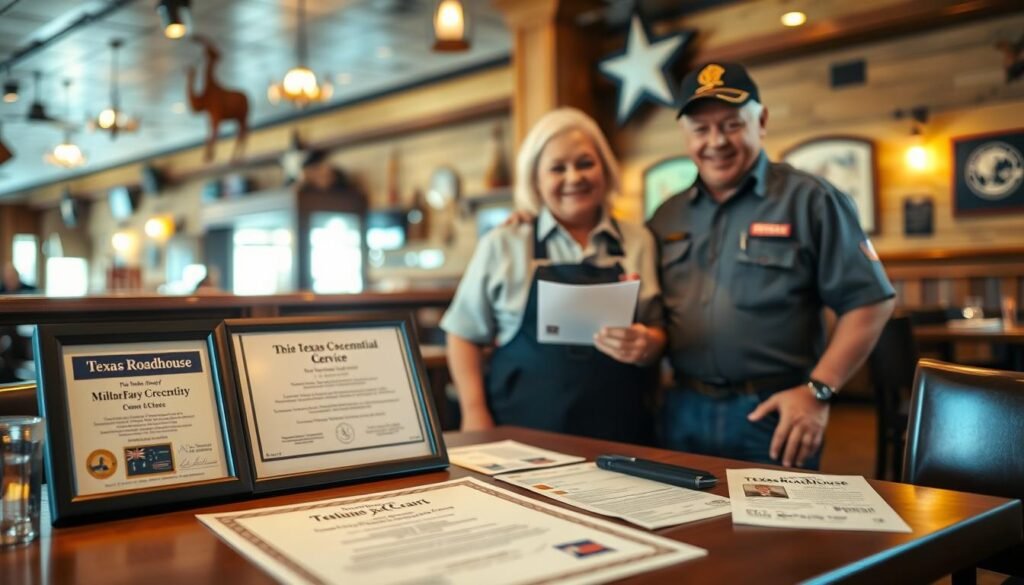 A neatly organized scene depicting essential documentation for proof of military service in a warm, inviting restaurant setting reminiscent of Texas Roadhouse. In the foreground, show a well-arranged table featuring a framed military service certificate, along with a veteran’s identification card and informal paperwork that conveys a sense of pride and professionalism. In the middle, include a friendly server wearing a Texas Roadhouse uniform, attentively discussing the documentation with a cheerful veteran in modest, casual clothing. The background reveals the rustic, welcoming ambiance of the restaurant, with wooden decor, Texas memorabilia, and soft, warm lighting. The atmosphere feels friendly and respectful, promoting a sense of community support for military personnel. Use a slightly blurred depth of field to emphasize the documentation in the foreground while keeping the warmth of the restaurant visible. A neatly organized scene depicting essential documentation for proof of military service in a warm, inviting restaurant setting reminiscent of Texas Roadhouse. In the foreground, show a well-arranged table featuring a framed military service certificate, along with a veteran’s identification card and informal paperwork that conveys a sense of pride and professionalism. In the middle, include a friendly server wearing a Texas Roadhouse uniform, attentively discussing the documentation with a cheerful veteran in modest, casual clothing. The background reveals the rustic, welcoming ambiance of the restaurant, with wooden decor, Texas memorabilia, and soft, warm lighting. The atmosphere feels friendly and respectful, promoting a sense of community support for military personnel. Use a slightly blurred depth of field to emphasize the documentation in the foreground while keeping the warmth of the restaurant visible.