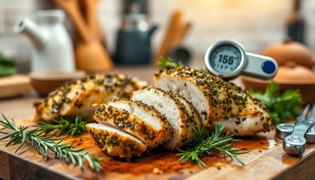 A perfectly cooked herb crusted chicken on a wooden cutting board, sliced open to reveal juicy, tender meat. A thermometer reads exactly 165°F, glistening with natural juices. In the foreground, focus on the chicken surrounded by sprigs of fresh herbs like rosemary and thyme, emphasizing a close-up view. In the middle, a rustic kitchen setting with a warm glow from soft, diffused lighting that gives an inviting feel. The background features blurred kitchen utensils and a hint of a cozy farmhouse-style decor, enhancing the homely atmosphere. Capture the mood of a perfectly executed home-cooked meal, showcasing the inviting textures and colors of the dish, all presented in a well-lit composition to highlight the freshness of the ingredients. A perfectly cooked herb crusted chicken on a wooden cutting board, sliced open to reveal juicy, tender meat. A thermometer reads exactly 165°F, glistening with natural juices. In the foreground, focus on the chicken surrounded by sprigs of fresh herbs like rosemary and thyme, emphasizing a close-up view. In the middle, a rustic kitchen setting with a warm glow from soft, diffused lighting that gives an inviting feel. The background features blurred kitchen utensils and a hint of a cozy farmhouse-style decor, enhancing the homely atmosphere. Capture the mood of a perfectly executed home-cooked meal, showcasing the inviting textures and colors of the dish, all presented in a well-lit composition to highlight the freshness of the ingredients.