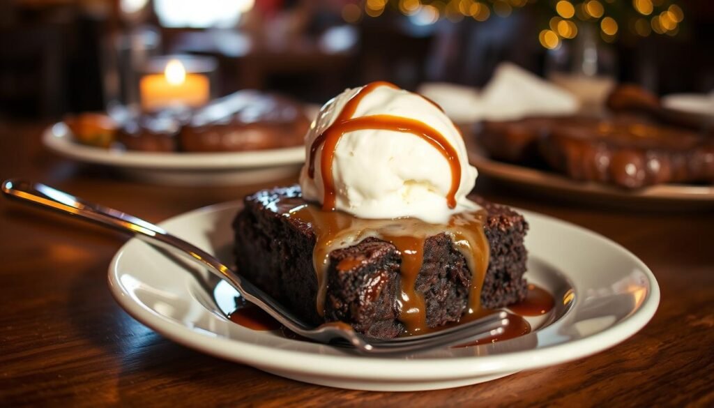A perfectly plated dessert featuring the Texas Roadhouse Big Ol' Brownie as the centerpiece, rich and fudgy, topped with a generous scoop of vanilla ice cream melting slightly on top, drizzled with warm chocolate and caramel sauce. The brownie should have a slightly cracked surface glistening under soft, warm lighting that creates a cozy, inviting atmosphere. In the foreground, a fork rests beside the plate, hinting at indulgence. The background should feature a rustic wooden table and soft-focus elements of a festive dining space, with hints of steak dinner remnants subtly blurred. Capture this scene from a slightly elevated angle, emphasizing the decadent details and inviting diners to savor the perfect dessert after a hearty meal.