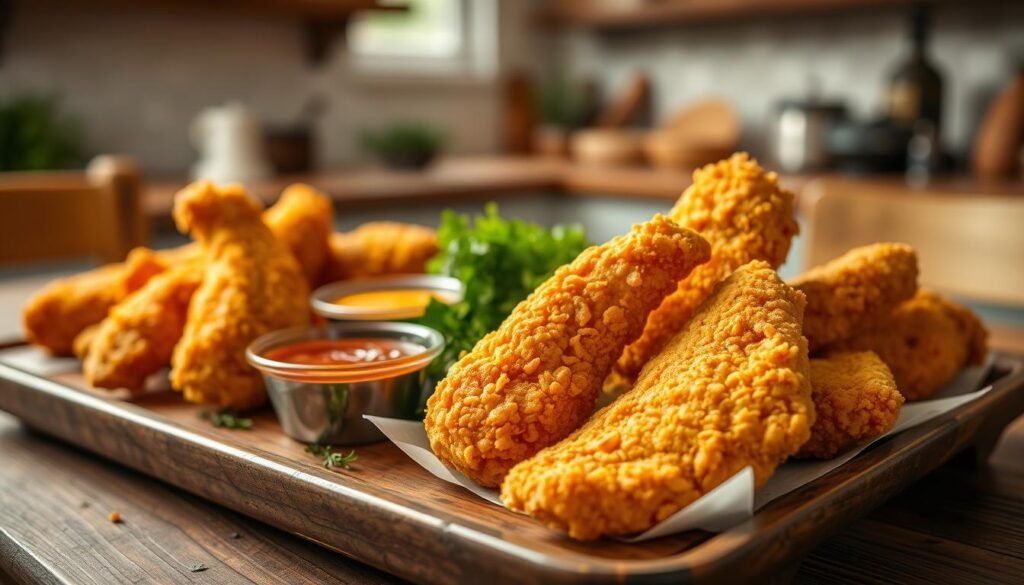 A plate of crispy, golden-brown chicken tenders is showcased prominently in the foreground, with each piece perfectly fried to a delicious crunch. The tenders are arranged artfully on a rustic wooden table, accompanied by small bowls of dipping sauces like honey mustard and barbecue. In the middle ground, there are scattered fresh herbs and spices to enhance the visual appeal. The background features a cozy kitchen setting with soft, natural light filtering through a window, casting a warm glow over the scene. The overall mood is inviting and comforting, perfect for a casual dining experience. Use a shallow depth of field to emphasize the chicken tenders while creating a softly blurred background, providing a homey ambiance.