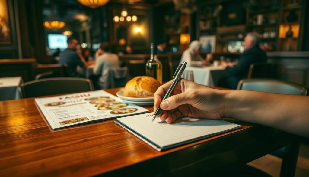 A polished wooden table set in an inviting Italian restaurant atmosphere, adorned with a neatly arranged menu showcasing delicious Italian meals like pasta, pizza, and salads. In the foreground, a hand is elegantly holding a pen, poised over a notepad to place an order, suggesting engagement in the ordering process. The middle ground features a warm loaf of freshly baked bread and a bottle of olive oil, hinting at the authentic culinary experience. In the background, softly blurred patrons enjoying their meals, with dim, warm lighting creating an intimate and welcoming ambiance. Captured at a slight angle, with a shallow depth of field to enhance the inviting atmosphere and focus on the act of ordering. The overall mood is cozy, vibrant, and filled with the delightful essence of Italian dining.