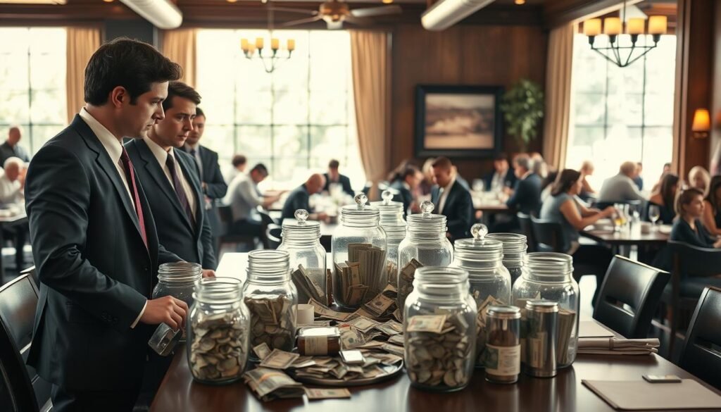 A professional setting depicting a restaurant environment with an emphasis on tip pooling violations. In the foreground, a group of servers dressed in smart business attire, looking concerned and engaged in a discussion around a dining table cluttered with tip jars and cash. The middle ground shows a busy restaurant with customers enjoying their meals, highlighting the bustling atmosphere of a Texas Roadhouse. In the background, large windows allow soft, natural light to flood the space, creating a warm, inviting glow. The overall mood is tense but professional, reflecting urgency and the discussion of wage and hour disputes. The angle should be slightly elevated, capturing both the servers and the restaurant ambiance effectively, without any text or overlays.