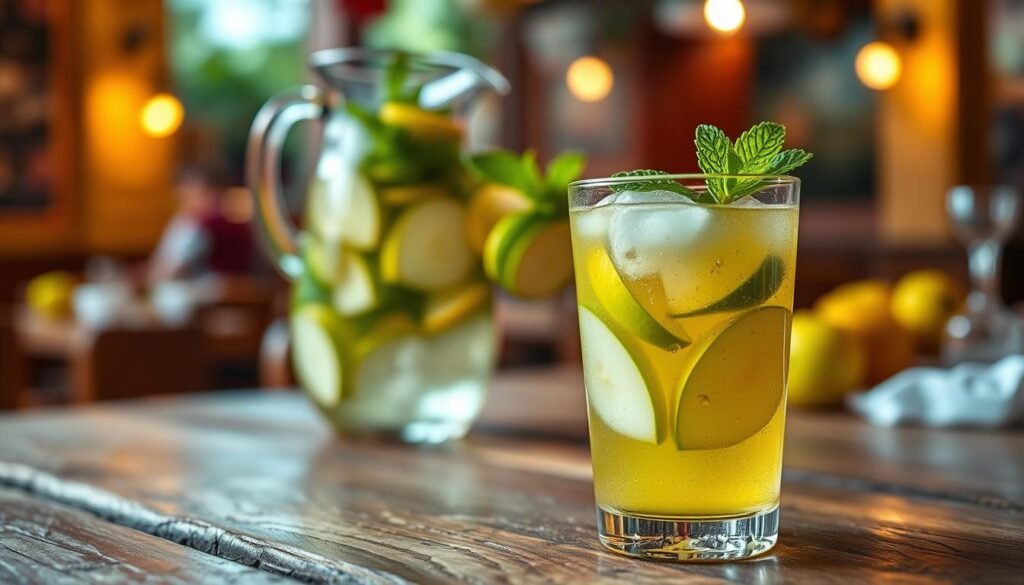A refreshing glass of green apple sangria, filled with vibrant green apple slices and garnished with fresh mint leaves, sits elegantly on a rustic wooden table. The foreground features the sangria in a crystal clear glass, with droplets of condensation glistening in warm, soft lighting. In the middle, a beautiful pitcher of sangria showcases the enticing mix of green apples, citrus fruits, and ice. The background features a subtle blur of an Italian restaurant setting, with warm colors and ambient lighting that evoke a cozy dining atmosphere. The overall mood is inviting and refreshing, perfect for a summer day. The image captures the essence of preparation and enjoyment, emphasizing the delightful mix of ingredients. A refreshing glass of green apple sangria, filled with vibrant green apple slices and garnished with fresh mint leaves, sits elegantly on a rustic wooden table. The foreground features the sangria in a crystal clear glass, with droplets of condensation glistening in warm, soft lighting. In the middle, a beautiful pitcher of sangria showcases the enticing mix of green apples, citrus fruits, and ice. The background features a subtle blur of an Italian restaurant setting, with warm colors and ambient lighting that evoke a cozy dining atmosphere. The overall mood is inviting and refreshing, perfect for a summer day. The image captures the essence of preparation and enjoyment, emphasizing the delightful mix of ingredients.
