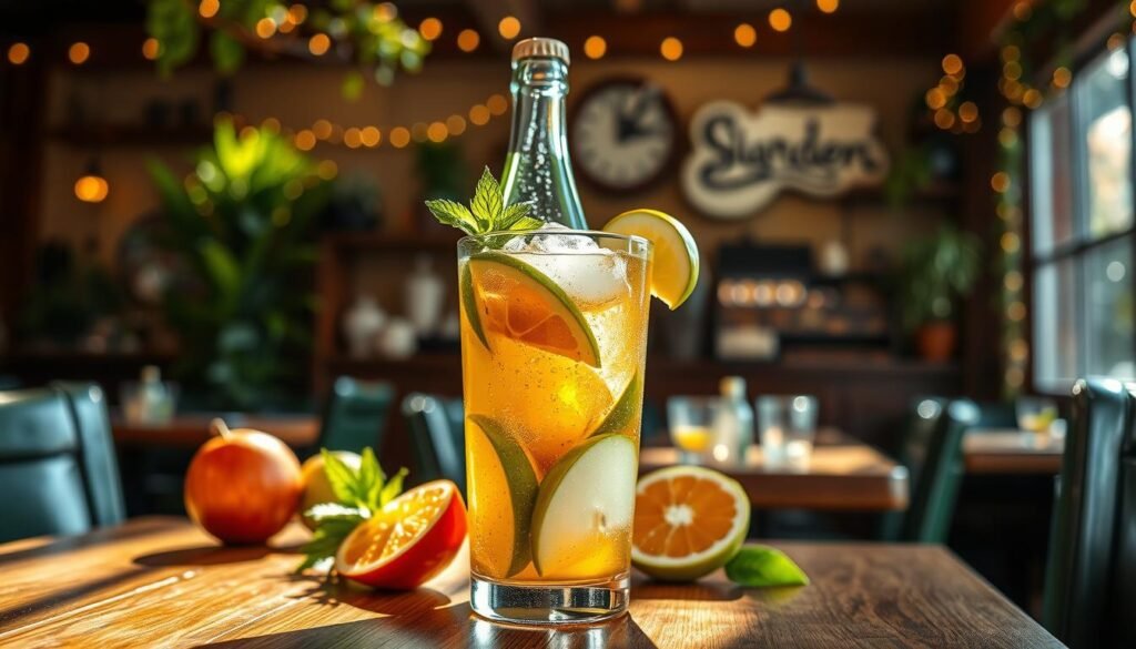 A refreshing glass of green apple sangria sits elegantly on a wooden table, surrounded by vibrant garnishes. In the foreground, the glass is filled with ice, slices of green apples, and juicy citrus fruits, all glistening in the soft light. The middle ground features a bottle of sangria, artfully poured, with droplets of condensation emphasizing its coolness. In the background, a rustic restaurant setting evokes the warm atmosphere of Olive Garden, with subtle hints of greenery and soft fairy lights creating a cozy ambiance. The scene is illuminated by natural sunlight streaming in, casting gentle shadows and creating a lively yet tranquil mood, perfect for savoring this delicious drink. A refreshing glass of green apple sangria sits elegantly on a wooden table, surrounded by vibrant garnishes. In the foreground, the glass is filled with ice, slices of green apples, and juicy citrus fruits, all glistening in the soft light. The middle ground features a bottle of sangria, artfully poured, with droplets of condensation emphasizing its coolness. In the background, a rustic restaurant setting evokes the warm atmosphere of Olive Garden, with subtle hints of greenery and soft fairy lights creating a cozy ambiance. The scene is illuminated by natural sunlight streaming in, casting gentle shadows and creating a lively yet tranquil mood, perfect for savoring this delicious drink.