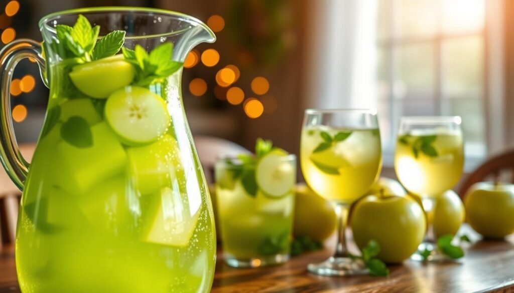 A refreshing image of a glass pitcher filled with vibrant green apple moscato, the liquid sparkling in the light. In the foreground, focus on the pitcher, showcasing chunks of green apples floating within, surrounded by sprigs of mint for garnish. The middle ground reveals a wooden table adorned with a few additional green apples and glasses filled with the same drink, glistening with condensation. In the background, soft bokeh lights create a warm, inviting atmosphere, suggesting a cozy gathering space. The lighting is natural and soft, reminiscent of late afternoon sunshine streaming through a nearby window, enhancing the drink's crisp green color and making it appear refreshing and delicious. No people or text should be present, allowing the focus to remain solely on the apple moscato. A refreshing image of a glass pitcher filled with vibrant green apple moscato, the liquid sparkling in the light. In the foreground, focus on the pitcher, showcasing chunks of green apples floating within, surrounded by sprigs of mint for garnish. The middle ground reveals a wooden table adorned with a few additional green apples and glasses filled with the same drink, glistening with condensation. In the background, soft bokeh lights create a warm, inviting atmosphere, suggesting a cozy gathering space. The lighting is natural and soft, reminiscent of late afternoon sunshine streaming through a nearby window, enhancing the drink's crisp green color and making it appear refreshing and delicious. No people or text should be present, allowing the focus to remain solely on the apple moscato.