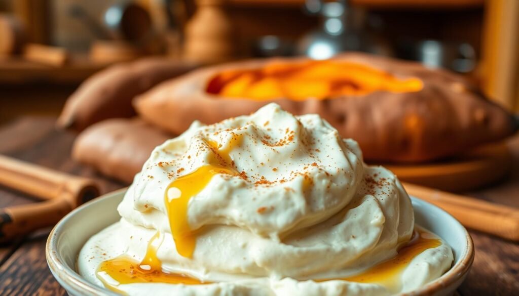 A rich and creamy bowl of honey cinnamon butter sits in the foreground, its texture velvety and smooth, accented with flecks of ground cinnamon and a drizzle of golden honey cascading down the sides. Surrounding the bowl, a rustic wooden table sets an inviting atmosphere, while the middle ground features freshly baked sweet potatoes, their skins glistening and soft. In the background, a warm, softly lit kitchen setting with warm wood tones enhances the cozy vibe, with hints of culinary tools subtly visible. The lighting is warm and inviting, emulating the golden hour, creating an atmosphere that feels both homely and delectable. The focus is on the butter, emphasizing its luxurious and smooth appearance, enticing the viewer to imagine the rich flavors.