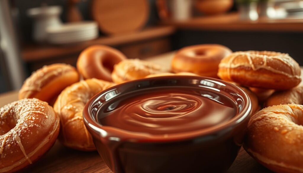 A rich bowl of glossy chocolate dipping sauce sits prominently in the foreground, reflecting soft light that highlights its silky texture. The sauce is deep brown, oozing slightly to suggest warmth and indulgence. Surrounding the bowl, various enticing donut varieties are arranged artistically, some dipped halfway into the sauce, showcasing their fluffy, golden-brown texture. In the middle background, a rustic wooden table adds warmth, while a faintly blurred kitchen setting creates an inviting atmosphere. The lighting is warm and inviting, creating a sense of cozy indulgence, while the angle captures the scene slightly from above, enticing viewers to imagine the delight of dipping into the sauce. The overall mood is decadent and appetizing, perfect for dessert lovers.