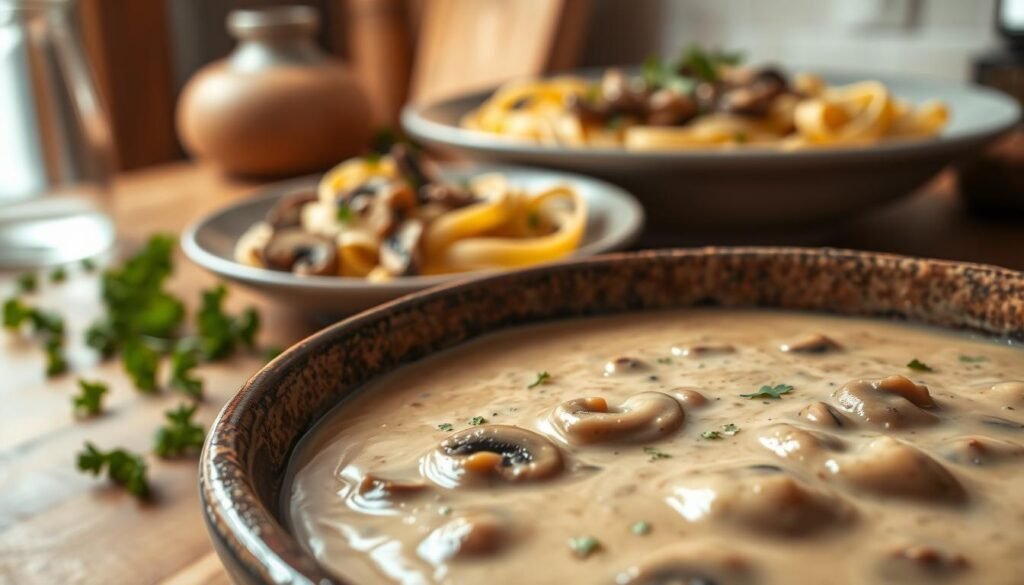 A rich, creamy mushroom sauce prominently displayed in a rustic, elegant bowl, surrounded by finely chopped parsley for garnish. In the foreground, the sauce has a smooth, velvety texture with visible pieces of sautéed mushrooms, showcasing shades of beige and brown. The middle background features a soft-focus view of a plate of fettuccine, drizzled with the sauce, creating an inviting presentation. The lighting is warm and inviting, simulating soft natural light that highlights the sheen of the sauce and casts gentle shadows. The scene is set on a wooden kitchen countertop with a blurred background hint of a cozy Italian kitchen ambiance, evoking a comforting and appetizing mood.