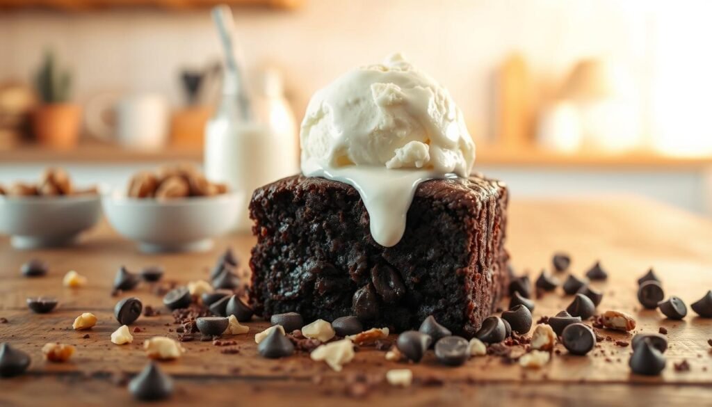 A rich, decadent brownie sits prominently in the foreground, gooey and warm, topped with a generous dollop of creamy vanilla ice cream melting slightly over the edges. Surrounding the brownie, a scattering of chocolate chips and chopped nuts adds texture and visual interest. In the middle ground, a rustic wooden table provides a cozy backdrop, with a small bowl of walnuts and a glass of milk hinting at the homemade aspect of the treat. The background features a softly blurred kitchen setting, with warm, inviting lighting that enhances the deliciousness of the dessert. The overall atmosphere is comforting and indulgent, perfect for a sweet treat moment, captured from a slightly elevated angle to emphasize the brownie’s height and richness.