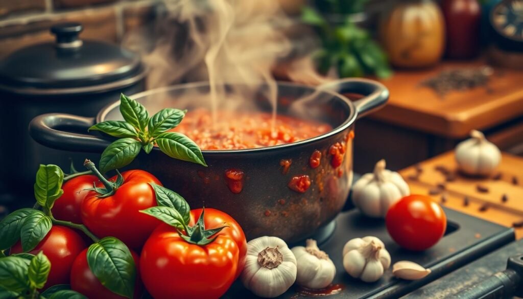 A rich, homemade marinara sauce simmering in a rustic, cast-iron pot on a wood-burning stove. The foreground features vibrant red tomatoes, fresh basil leaves, and garlic cloves beautifully arranged next to the pot, highlighting the ingredients. In the middle, the pot bubbles with steam rising, capturing the sauce's texture with its glistening surface. The background showcases a cozy kitchen setting with warm, ambient lighting that casts a soft glow, accentuating the inviting atmosphere. A wooden countertop is slightly visible, adorned with scattered herbs and spices, enhancing the sense of a home-cooked meal. The image should evoke warmth and comfort, inviting viewers to imagine the enticing aromas of the simmering sauce.
