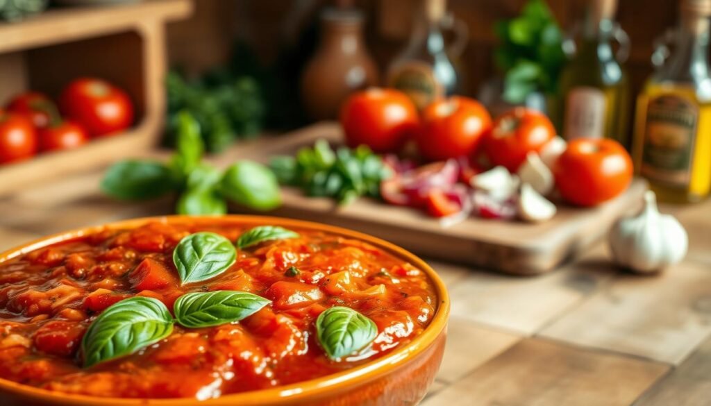 A rich, vibrant bowl of marinara sauce sits prominently in the foreground, glistening with a smooth texture and dotted with fresh basil leaves. The sauce is deep red, with visible hints of tomatoes, garlic, and spices, showcasing its homemade quality. In the middle ground, a stylish wooden cutting board features freshly chopped ingredients like tomatoes, onions, and garlic, emphasizing the freshness of the ingredients. In the softly blurred background, a rustic Italian kitchen ambiance is created with warm lighting, wooden shelves lined with herbs and olive oil, adding to the comforting atmosphere. The image is captured from a slightly elevated angle, highlighting the depth of the bowl and the inviting nature of the meal, evoking feelings of warmth and enjoyment.