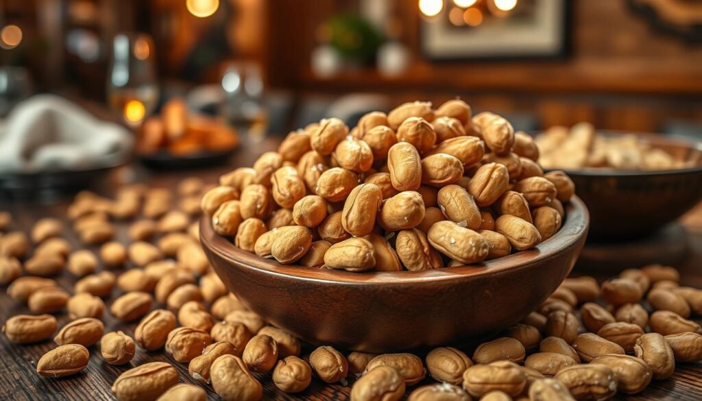 A richly detailed close-up of a wooden serving bowl overflowing with Texas Roadhouse peanuts, their shells a warm, earthy brown with hints of salt crystal glistening in soft light. Surrounding the bowl, scattered peanuts are casually placed on a rustic wooden table, evoking a Texas-style dining atmosphere. In the background, suggest soft-focus elements of a lively restaurant setting, like blurred tableware and warm lighting casting a cozy glow. Angled from above, the camera captures the inviting texture and sheen of the peanuts, while a gentle spotlight enhances the scene, creating a warm and welcoming mood. The overall atmosphere should feel casual yet inviting, perfect for showcasing the enjoyment of these tasty delights. A richly detailed close-up of a wooden serving bowl overflowing with Texas Roadhouse peanuts, their shells a warm, earthy brown with hints of salt crystal glistening in soft light. Surrounding the bowl, scattered peanuts are casually placed on a rustic wooden table, evoking a Texas-style dining atmosphere. In the background, suggest soft-focus elements of a lively restaurant setting, like blurred tableware and warm lighting casting a cozy glow. Angled from above, the camera captures the inviting texture and sheen of the peanuts, while a gentle spotlight enhances the scene, creating a warm and welcoming mood. The overall atmosphere should feel casual yet inviting, perfect for showcasing the enjoyment of these tasty delights.