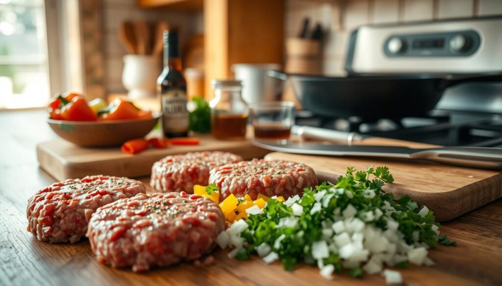 A rustic kitchen countertop filled with essential ingredients for homemade chopped steak. In the foreground, freshly ground beef shaped into patties, glistening with seasoning. Surrounding them, colorful diced bell peppers, finely chopped onions, and a sprinkle of fresh parsley add vibrancy. In the middle ground, a wooden cutting board with a sharp knife rests beside a small bowl of beef broth and Worcestershire sauce. The background features a warm, rustic kitchen ambiance with soft, natural lighting streaming through a nearby window. A cast iron skillet sits on a stove, hinting at the cooking process. The mood is inviting and homey, suggesting comfort food preparation, perfect for a family meal or a cozy gathering.