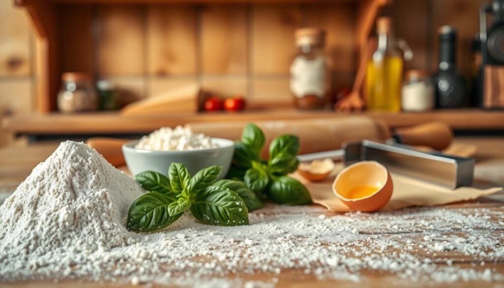 A rustic kitchen countertop showcasing essential ingredients for homemade cheese ravioli. In the foreground, a mound of fresh flour dusted with a hint of semolina, a small bowl of ricotta cheese, and grated parmesan, glistening under soft, warm lighting. Nestled beside, vibrant fresh basil leaves and a cracked egg add color and freshness. In the middle ground, rolling pin and ravioli cutter lay unrolled next to partially rolled out dough, emphasizing the culinary process. In the background, wooden shelves filled with jars of spices and olive oil create a homely atmosphere. The scene is captured with a shallow depth of field, focusing sharply on the ingredients while softly blurring the background, evoking a sense of warmth and inspiration for a homemade meal. The overall mood is inviting and appetizing, perfect for aspiring chefs.