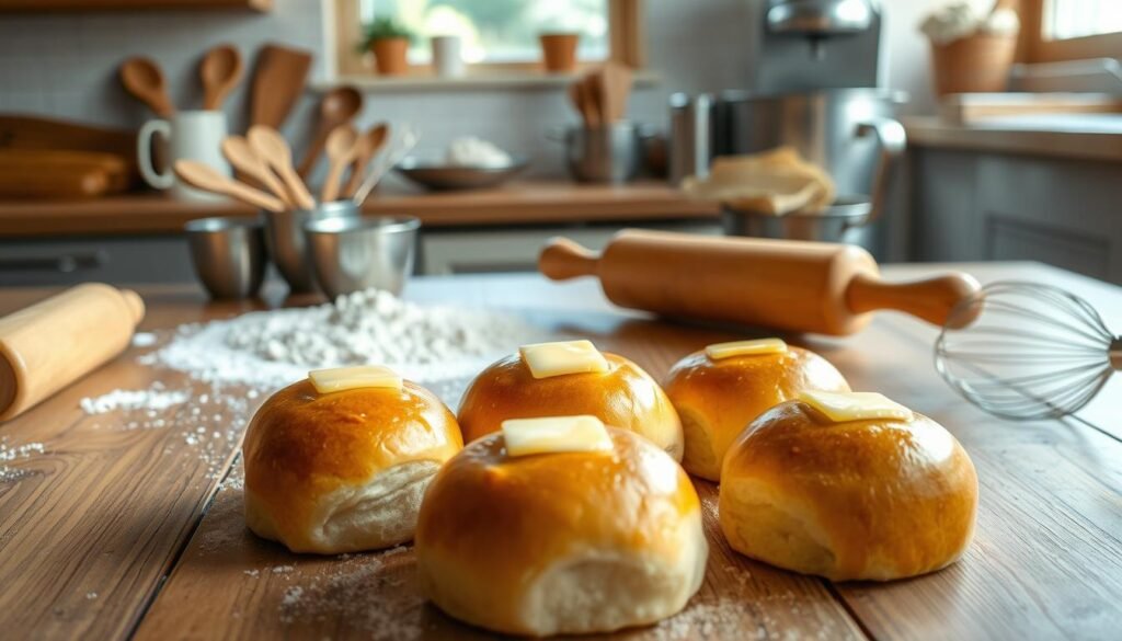 A rustic wooden kitchen table serves as the foreground, adorned with freshly baked Texas Roadhouse rolls, golden-brown and fluffy, gleaming with melted butter on top. Surrounding the rolls are essential baking tools, including a polished wooden rolling pin, a set of measuring cups and spoons, and a whisk, all arranged thoughtfully to hint at a baking session in progress. The middle ground features a lightly dusted flour surface and a mixing bowl with dough, showcasing the baking process. In the background, soft natural light streams through a window, illuminating the cozy kitchen atmosphere with warm, inviting tones. The overall mood is uplifting and homey, evoking a sense of comfort and culinary creativity, perfect for inspiring a baking adventure. A rustic wooden kitchen table serves as the foreground, adorned with freshly baked Texas Roadhouse rolls, golden-brown and fluffy, gleaming with melted butter on top. Surrounding the rolls are essential baking tools, including a polished wooden rolling pin, a set of measuring cups and spoons, and a whisk, all arranged thoughtfully to hint at a baking session in progress. The middle ground features a lightly dusted flour surface and a mixing bowl with dough, showcasing the baking process. In the background, soft natural light streams through a window, illuminating the cozy kitchen atmosphere with warm, inviting tones. The overall mood is uplifting and homey, evoking a sense of comfort and culinary creativity, perfect for inspiring a baking adventure.