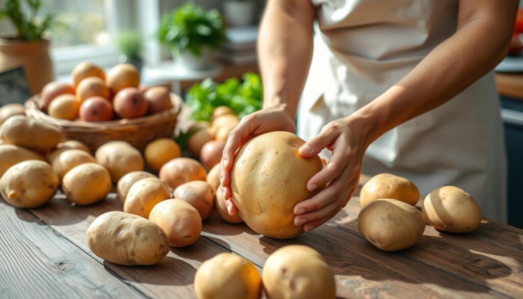 A rustic wooden table filled with an assortment of different potato varieties, including Yukon Gold, Russet, and Red potatoes, showcasing their unique colors and textures. In the foreground, a pair of hands, dressed in a simple white apron, gently examines a perfectly round Yukon Gold potato, emphasizing the selection process. The middle ground features a vibrant kitchen setting with natural light streaming in from a nearby window, casting soft shadows on the table. The background has out-of-focus elements like fresh herbs and a cookbook, creating a warm, homey atmosphere. The image captures the essence of choosing the right potatoes with a focus on freshness and quality, evoking a sense of culinary passion and care.