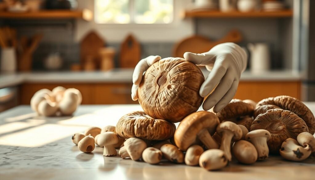 A serene and inviting kitchen countertop serves as the foreground, featuring an array of fresh mushrooms, including portobello, cremini, and shiitake, arranged artistically for selection. The middle ground showcases a pair of hands, wearing white kitchen gloves, gently inspecting a large portobello mushroom, highlighting its smooth cap and gills. In the background, soft, warm sunlight filters through a window, casting a gentle glow that enhances the earthy colors of the mushrooms. The atmosphere is cozy and homely, evoking a sense of culinary inspiration. Use a shallow depth of field with a slight bokeh effect, focusing on the mushrooms while the kitchen items behind blur softly, creating an inviting ambiance that celebrates the art of choosing mushrooms for stuffing.