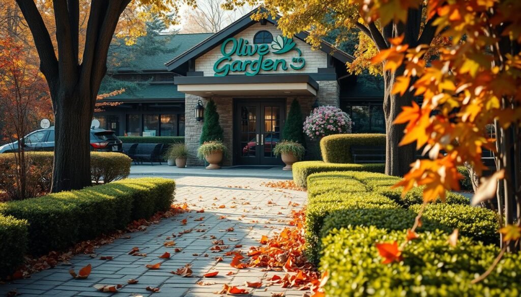A serene garden setting in autumn, featuring an elegant, closed Olive Garden restaurant in the background. The foreground showcases neatly trimmed hedges and vibrant orange and yellow leaves scattered along a cobblestone path, evoking a tranquil, reflective mood. Soft, diffused sunlight filters through the trees, casting gentle shadows and highlighting the peacefulness of the scene. In the middle ground, a decorative “Closed for Thanksgiving” sign hangs from the restaurant's stylish entrance, surrounded by lush greenery and seasonal floral arrangements. The angle captures the scene from a low perspective, emphasizing the warm, inviting colors of fall. Overall, the atmosphere is calm and contemplative, representing the unique decision of the restaurant to remain closed for the holiday.
