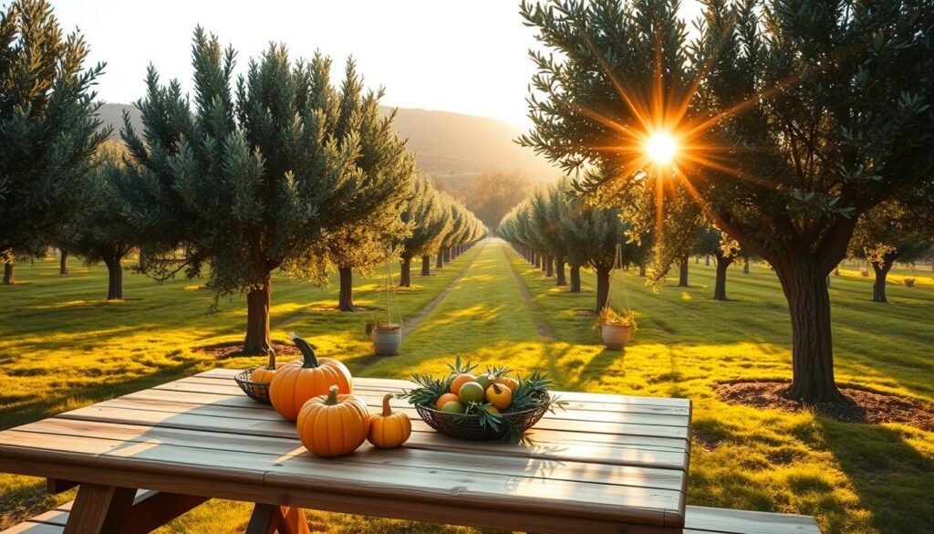 A serene, open olive garden during early morning light, with soft golden rays filtering through lush green olive trees. In the foreground, a wooden picnic table set with autumn-themed decorations, including pumpkins and fresh olives, creating a warm inviting atmosphere. The middle ground features rows of well-maintained olive trees with ripe olives hanging from their branches, hinting at the bountiful harvest. In the background, a gentle hillside with the first signs of fall foliage, complementing the vibrant greens of the olive trees. The mood is peaceful and inviting, suggesting a family gathering in a warm, rustic setting. The composition is captured using a wide-angle lens to enhance the spaciousness of the garden, with soft focus on the background for a dreamy effect.