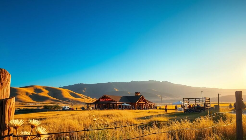 A serene view of Union Gap, Washington, showcasing its rich, rolling hills and expansive blue sky. In the foreground, include a rustic wooden fence with tufts of creamy wildflowers. In the middle ground, depict a lively Texas Roadhouse, with warm, inviting lights glowing from the windows, surrounded by families enjoying their meals outside on a sunny day. The background should feature majestic mountains that embrace the valley, bathed in the golden light of late afternoon. Capture the essence of a charming community atmosphere, with a soft focus and a warm color palette. Use a wide-angle lens to enhance depth and a slightly elevated perspective to encompass the bustling scene, conveying a sense of connection between people and nature.