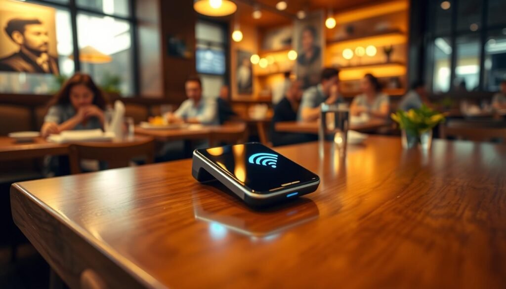 A sleek contactless payment device rests prominently on a smooth wooden restaurant table, with a subtle reflection enhancing its modern design. The device features a glossy finish and an illuminated NFC logo, symbolizing its advanced payment capabilities. In the background, softly blurred patrons enjoy their meals, creating a warm and inviting dining atmosphere, punctuated by warm lighting that suggests comfort and familiarity. The scene captures the essence of modern dining, highlighting the device as a symbol of convenience and innovation. The angle is slightly elevated, allowing for a clear view of the device, while maintaining the cozy vibe of the restaurant environment. The overall mood is friendly and efficient, perfect for illustrating the benefits of contactless payments. A sleek contactless payment device rests prominently on a smooth wooden restaurant table, with a subtle reflection enhancing its modern design. The device features a glossy finish and an illuminated NFC logo, symbolizing its advanced payment capabilities. In the background, softly blurred patrons enjoy their meals, creating a warm and inviting dining atmosphere, punctuated by warm lighting that suggests comfort and familiarity. The scene captures the essence of modern dining, highlighting the device as a symbol of convenience and innovation. The angle is slightly elevated, allowing for a clear view of the device, while maintaining the cozy vibe of the restaurant environment. The overall mood is friendly and efficient, perfect for illustrating the benefits of contactless payments.