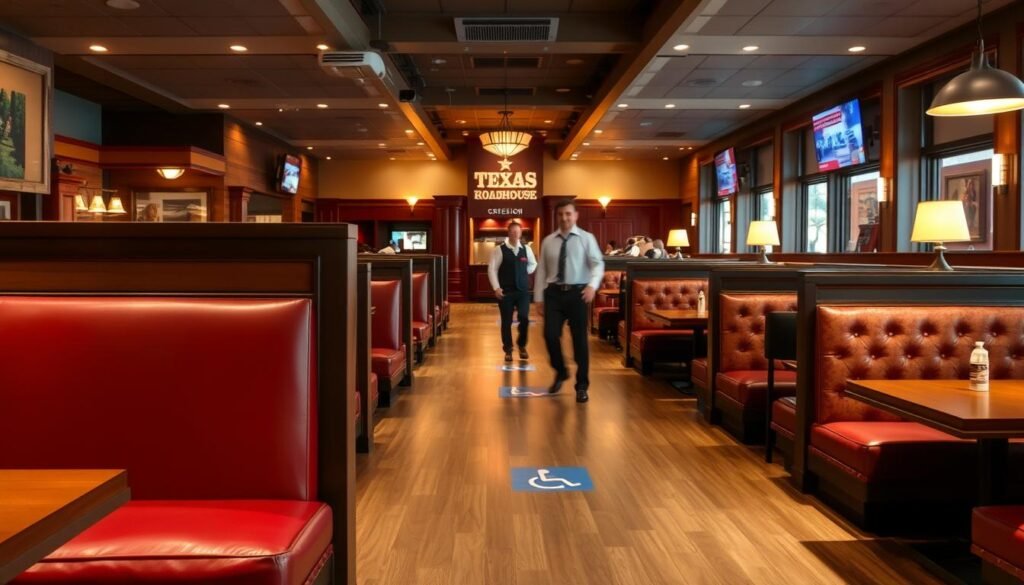 A spacious, inviting interior of a Texas Roadhouse restaurant, featuring accessible seating options. In the foreground, a well-lit booth with a high-backed seat designed for comfort and accessibility, adorned with rustic decor harmonizing with the brand. In the middle, a wide aisle leading to various booths and tables, showcasing clearly marked accessibility signs. The atmosphere is warm and welcoming, with soft, ambient lighting that highlights the wood accents and vibrant color scheme. In the background, a friendly staff member dressed in a smart casual outfit, assisting guests, emphasizing an inclusive dining experience. Capture the scene from a slightly elevated angle, creating depth and clarity to convey the inviting layout of the restaurant's seating arrangement, ensuring a focus on accessibility.
