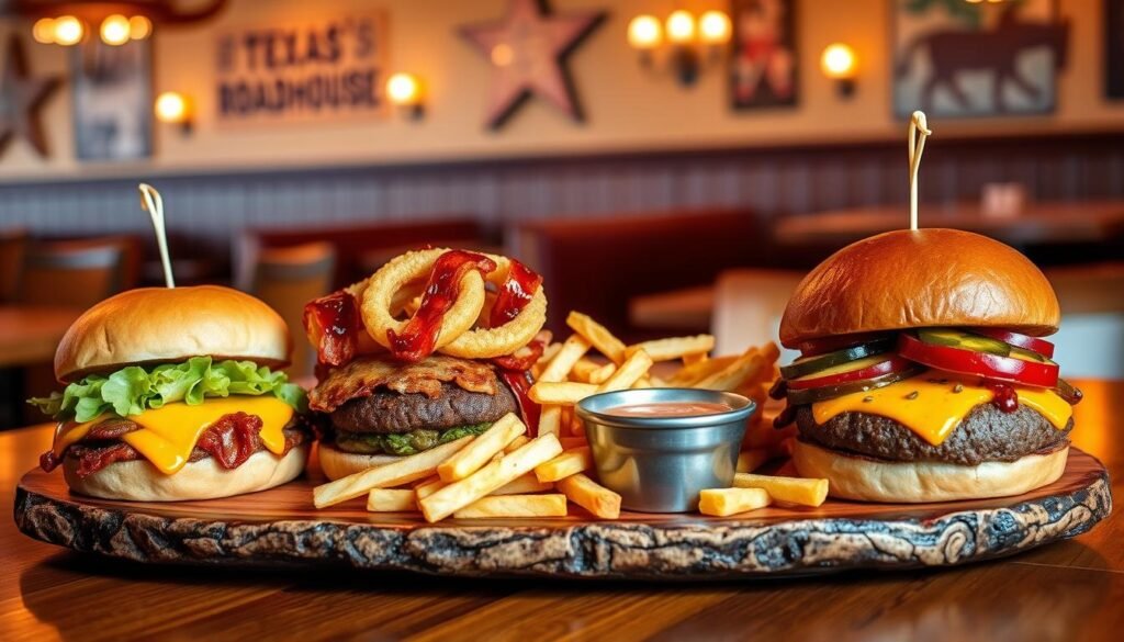A tantalizing arrangement of Texas Roadhouse burgers served on rustic wooden platter, showcasing a variety of styles: a classic cheeseburger with melted cheddar, crispy bacon, and fresh lettuce; a barbecue burger topped with tangy sauce and onion rings; and a spicy jalapeño burger with pepper jack cheese and jalapeños. In the foreground, the burgers are plated with a side of golden, freshly fried fries and a small bowl of zesty dipping sauce. The middle ground features an inviting Texas Roadhouse-themed restaurant setting, with warm wooden booths and cowboy decor. The background includes soft, warm lighting that creates a cozy atmosphere, giving a sense of rustic charm. The image is captured at a slight angle, emphasizing the appetizing details, making it ideal for comparison with other burger offerings. A tantalizing arrangement of Texas Roadhouse burgers served on rustic wooden platter, showcasing a variety of styles: a classic cheeseburger with melted cheddar, crispy bacon, and fresh lettuce; a barbecue burger topped with tangy sauce and onion rings; and a spicy jalapeño burger with pepper jack cheese and jalapeños. In the foreground, the burgers are plated with a side of golden, freshly fried fries and a small bowl of zesty dipping sauce. The middle ground features an inviting Texas Roadhouse-themed restaurant setting, with warm wooden booths and cowboy decor. The background includes soft, warm lighting that creates a cozy atmosphere, giving a sense of rustic charm. The image is captured at a slight angle, emphasizing the appetizing details, making it ideal for comparison with other burger offerings.