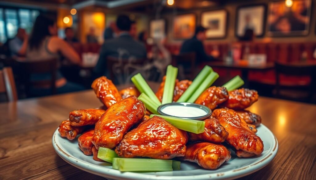 A tantalizing plate of boneless wings, beautifully arranged and glistening with a rich, spicy glaze. In the foreground, the wings are garnished with fresh, vibrantly colored celery sticks and a small bowl of creamy ranch dressing, steam rising slightly from the dish. The middle ground features a rustic wooden table, enhancing the inviting, casual dining setting. In the background, blurred silhouettes of diners enjoying their meals create a lively atmosphere. The lighting is warm and inviting, reminiscent of a cozy restaurant ambiance, perhaps with soft overhead lights casting a gentle glow on the wings. The angle captures the dish from above, focusing on the texture of the wings and the vibrant colors of the garnishes, evoking the excitement of a shared dining experience.