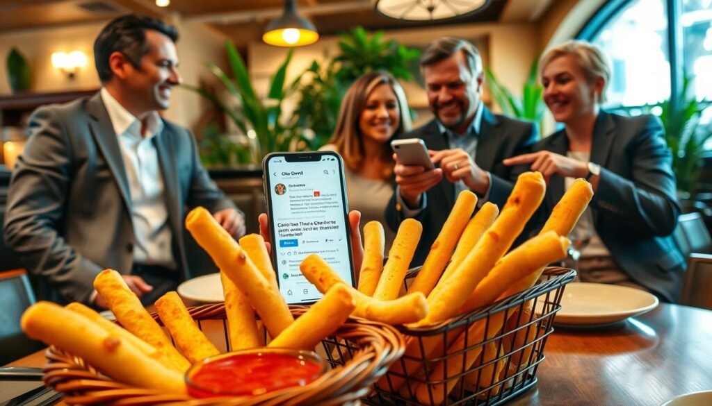 A vibrant Olive Garden restaurant interior showcasing a table set for a delightful meal. In the foreground, a basket overflowing with golden-brown breadsticks, steam gently rising from them, glistening with a light brush of olive oil. Beside the basket, a small plate of marinara sauce. In the middle ground, a diverse group of well-dressed individuals—two men in smart casual attire and a woman in a professional outfit—are joyfully discussing and pointing at a smartphone displaying a viral post related to the restaurant's response. The background features a cozy Olive Garden ambiance with soft, warm lighting, rustic decor, and green plants. The atmosphere is lively and inviting, highlighting the restaurant's community spirit and connection to its customers. The composition captures the excitement of sharing food and stories.
