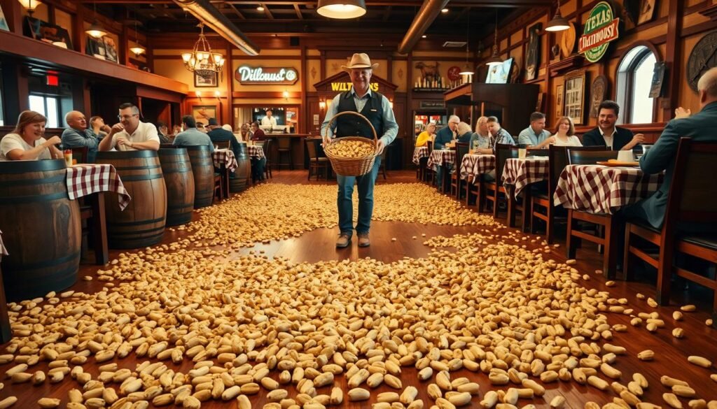 A vibrant Texas Roadhouse interior showcasing an abundance of peanut shells scattered across a polished wooden floor. In the foreground, wooden barrels and tables adorned with checkered tablecloths create a rustic atmosphere. In the middle ground, a server in modest casual clothing carries a large basket filled with peanuts, while patrons joyfully enjoy their meals, laughter reflecting camaraderie. The background features warm, ambient lighting, emphasizing the cozy, inviting atmosphere of the restaurant with Western-themed decor such as cowboy art and vintage signs. The overall mood is lively and upbeat, capturing the essence of a popular dining destination while subtly hinting at the changing policies regarding the peanut shells on the floor.