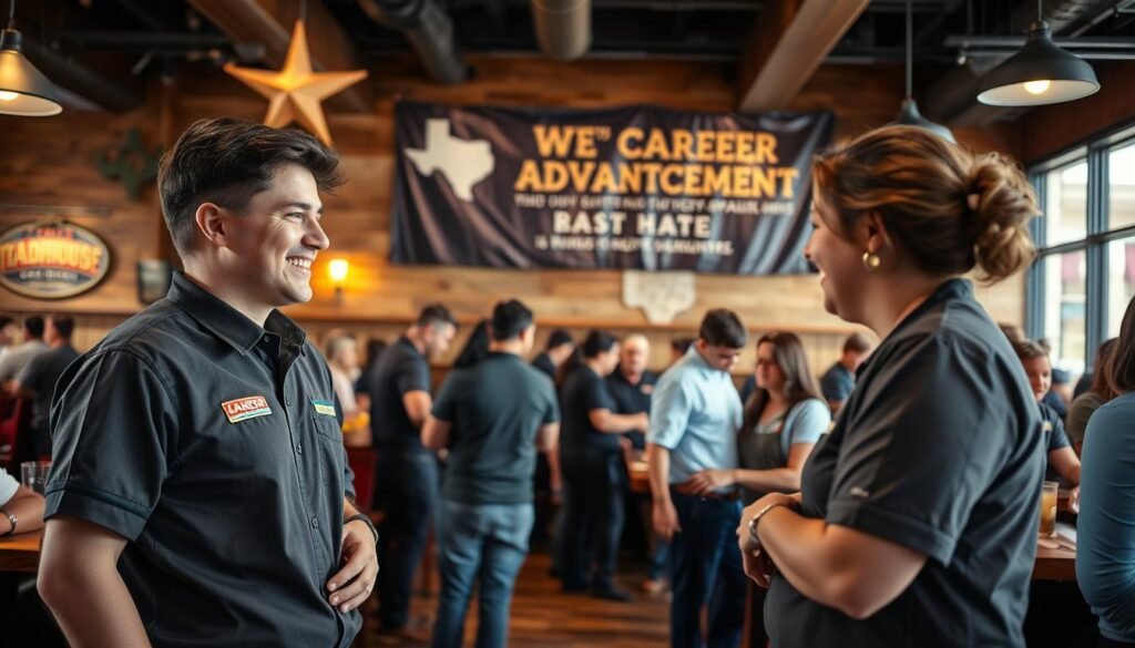 A vibrant Texas Roadhouse restaurant interior filled with diverse staff members interacting enthusiastically. In the foreground, a young employee in a professional Texas Roadhouse uniform engages with a smiling manager, showcasing mentorship and teamwork. In the middle ground, other employees are seen attending to customers, embodying a lively and welcoming atmosphere, with warm wooden decor and authentic Texas memorabilia. The background features a large banner about career advancement opportunities, subtly included but not overpowering. Soft, warm lighting creates an inviting mood, with a slightly blurred effect to emphasize the foreground interaction, shot from a dynamic angle to convey energy and growth in a bustling work environment.